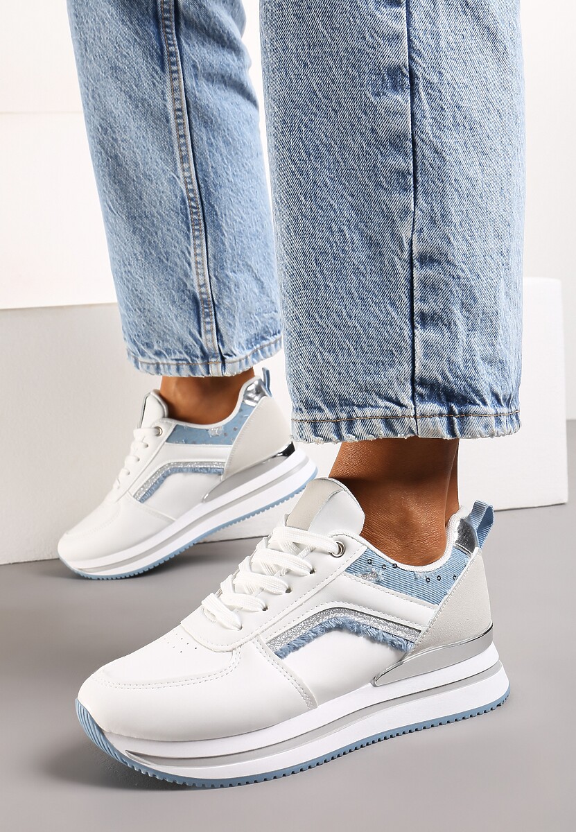 Biało-Niebieskie Sneakersy na Piankowej Podeszwie z Brokatowymi Wstawkami Pallasia
