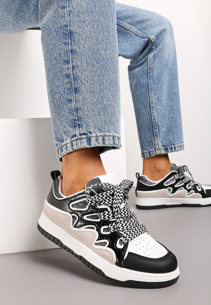 Czarne Sneakersy z Metalicznym Błyskiem i Podwójnym Sznurowaniem Piniara