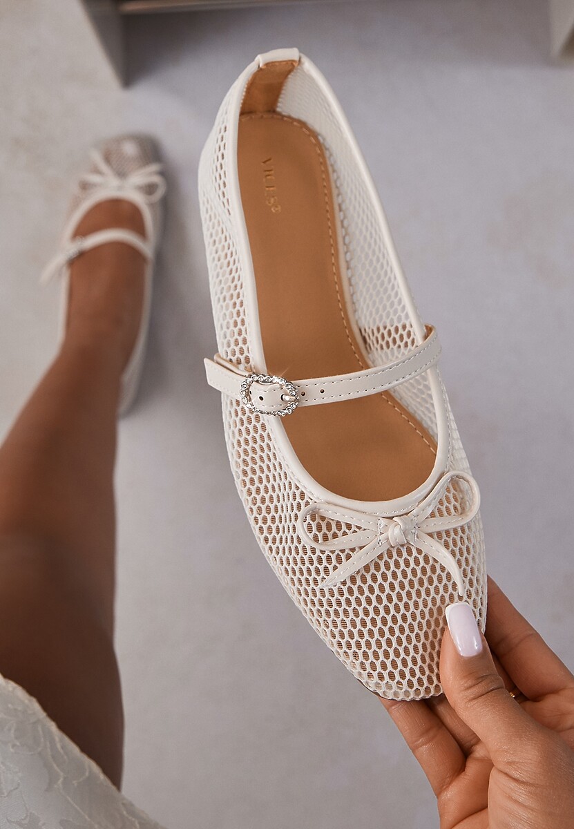 Beżowe Siateczkowe Balerinki Vices z Paskiem z Klamrą i Ozdobną Kokardką Niladiela