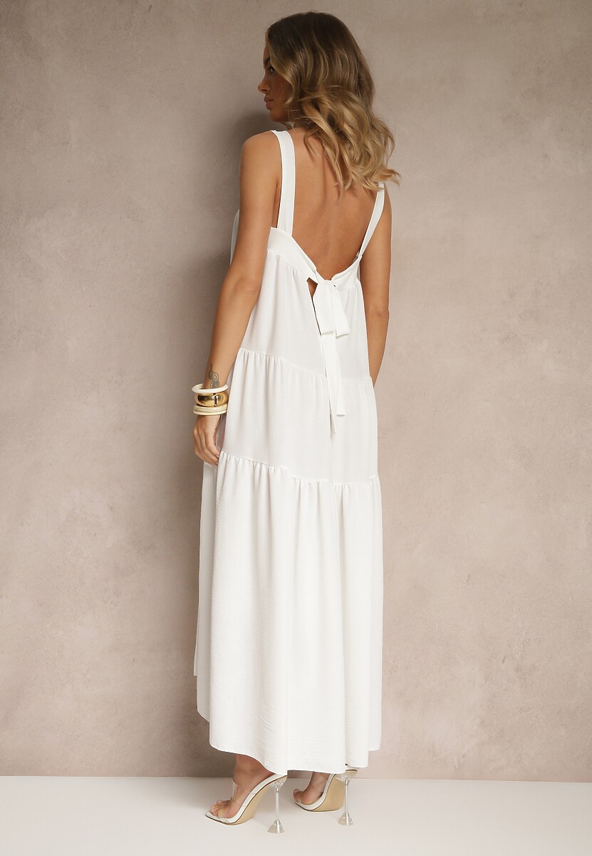 Biała Rozkloszowana Sukienka Ozdobiona Wiązaniem na Plecach Saviande