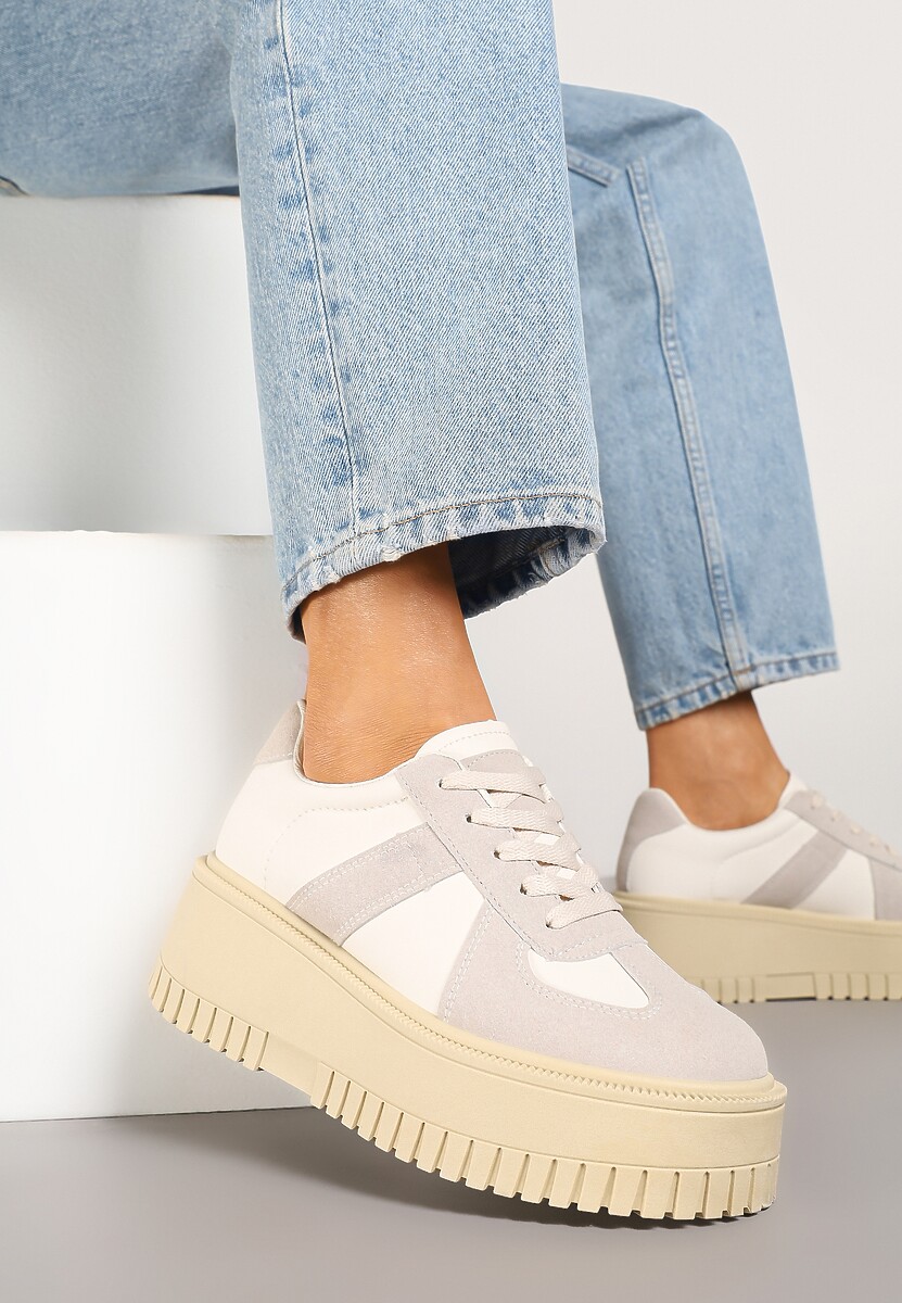 Beżowo-Szare Sneakersy Typu Tenisówki na Żłobionej Platformie Lorreia