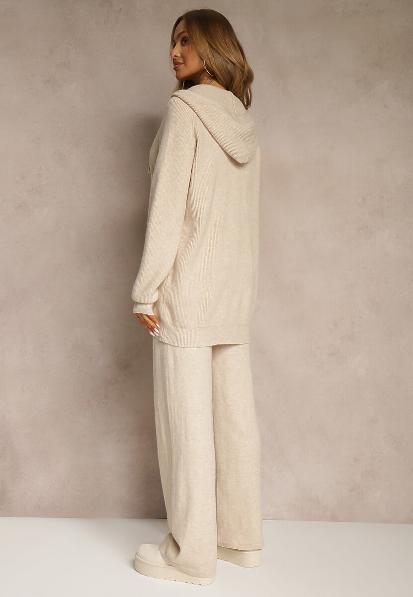 Beżowy Komplet z Wełną i Bawełną Rozpinana Bluza z Kapturem i Szerokie Spodnie Reisema