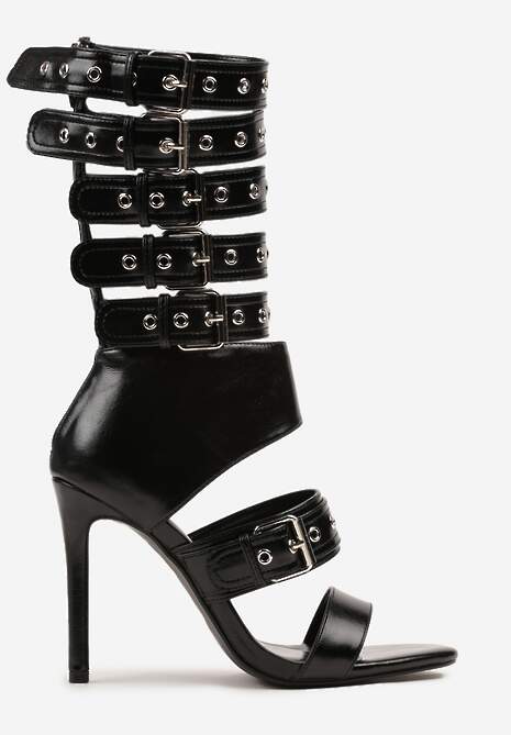 Czarne Sandały Botki na Obcasie Zdobione Paskami ze Sprzączkami Idamirea