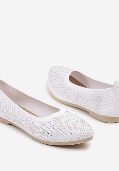 Białe Elastyczne Balerinki z Cholewką Zdobioną Metalicznymi Przeszyciami Elitella