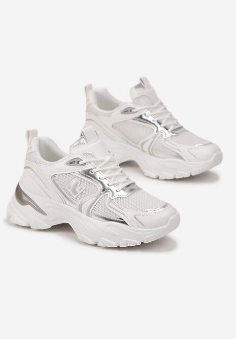 Biało-Srebrne Sznurowane Sneakersy z Siateczką i Wycięciami Solenare