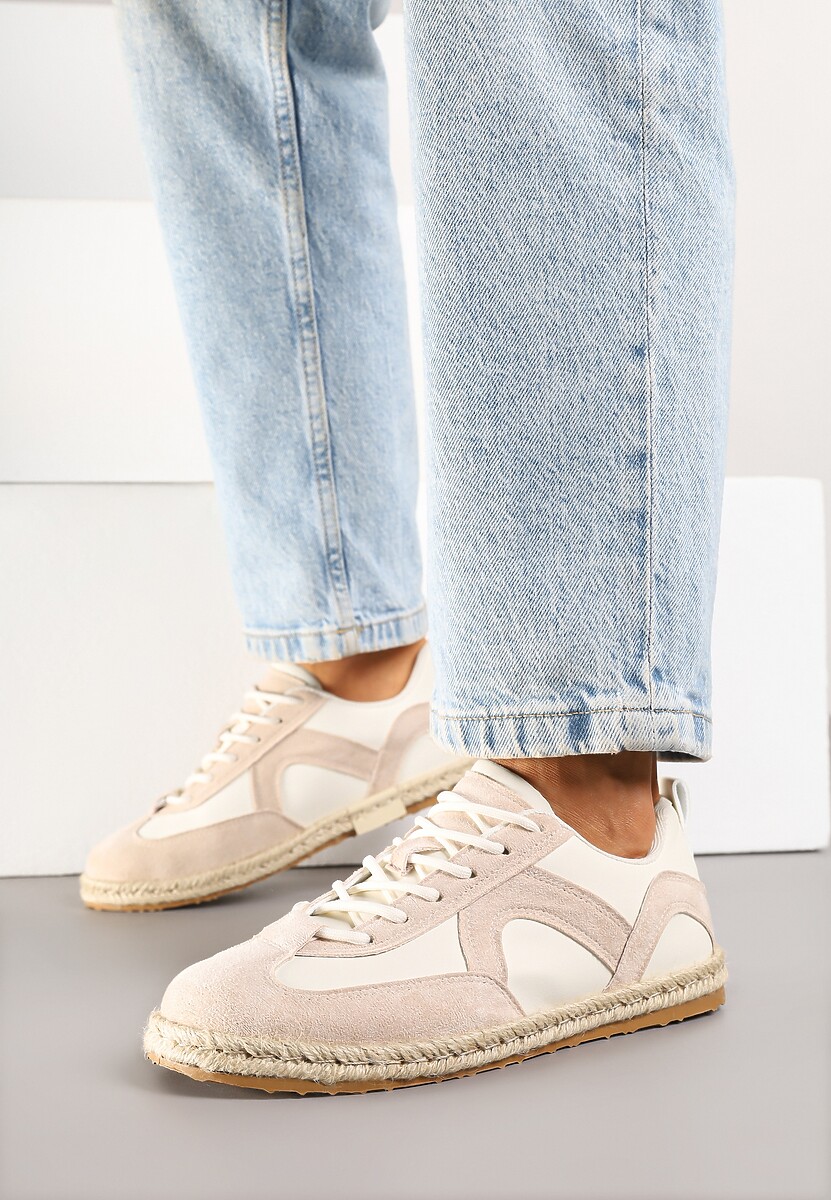 Beżowe Sneakersy Kultowe Tenisówki z Podeszwą Zdobioną Plecionką Zarorella