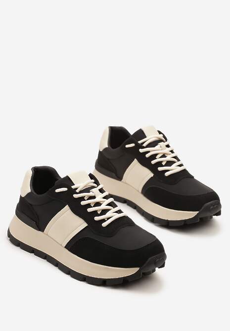 Czarno-Beżowe Sneakersy na Platformie z Tłoczeniem Tillivalle