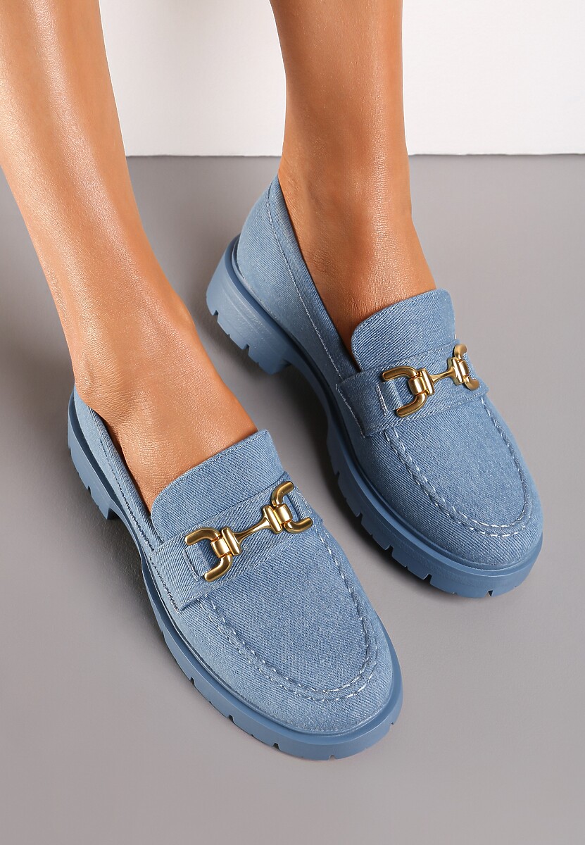 Niebieskie Mokasyny na Grubej Podeszwie z Metaliczną Klamrą Faelwena