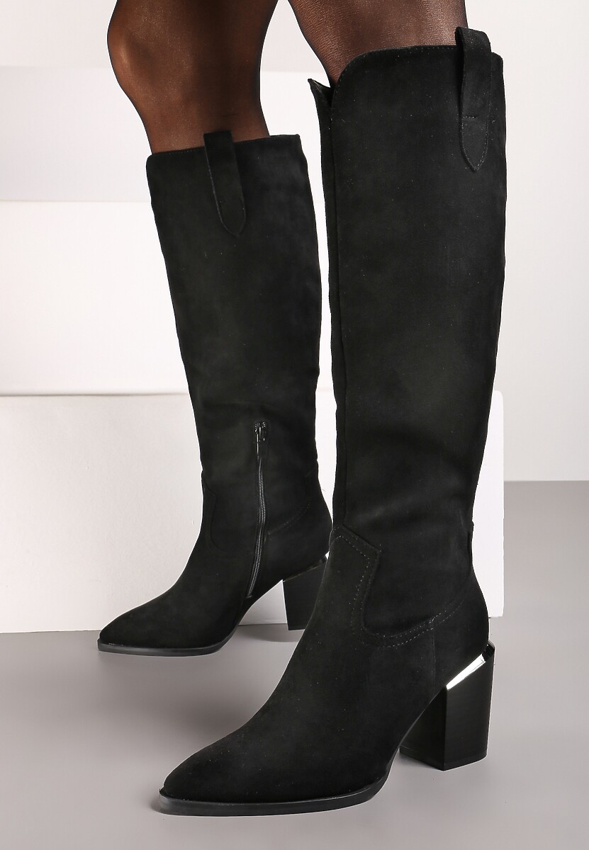 Czarne Kozaki Vices na Słupku Ozdobione Metaliczną Wstawką Moriane