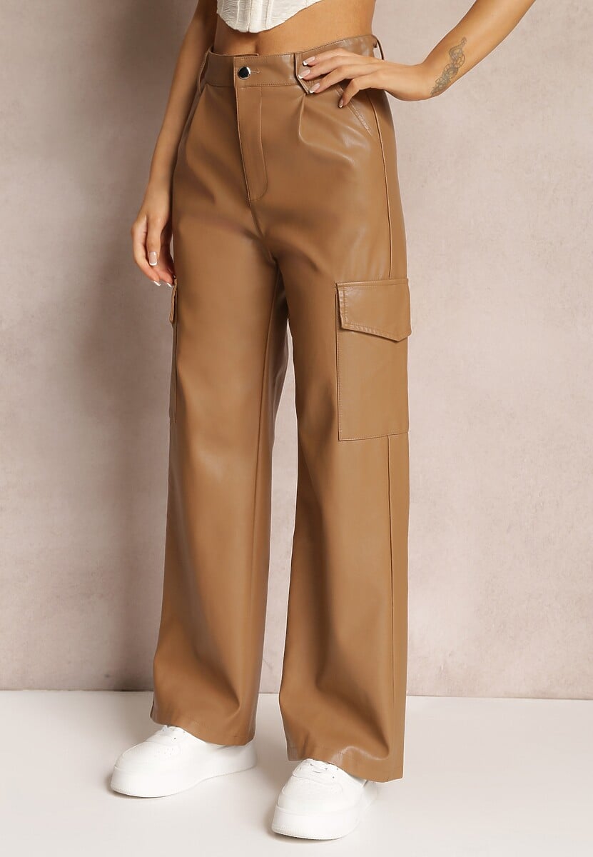 Brązowe Szerokie Spodnie z Wysokim Stanem z Imitacji Skóry Alymia