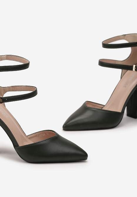 Ciemnozielone Czółenka z Ekoskóry ze Szpiczastym Noskiem i Paskami Sivelia