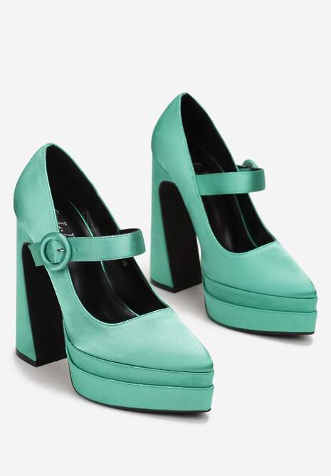 Zielone Czółenka Satynowe na Wysokim Słupku i Platformie Zoyi