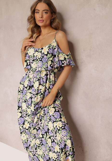 Fioletowo-Żółta Sukienka Maxi Bawełniana w Kwiaty z Falbanką Saranna