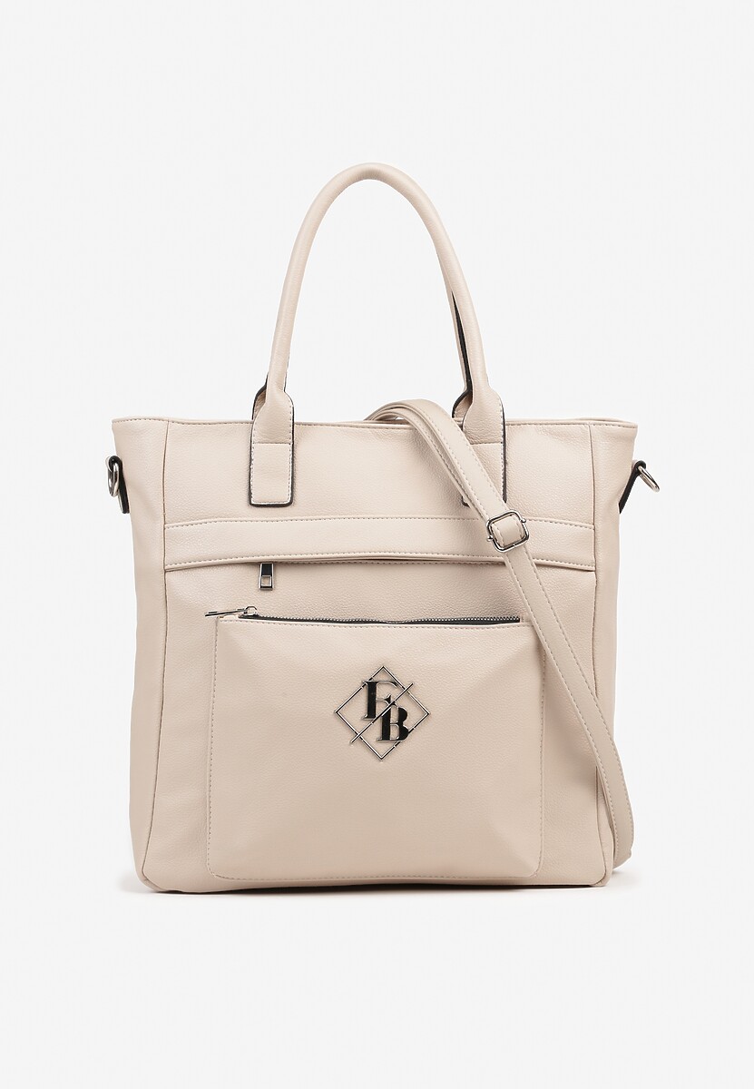 Ciemnobeżowa Torebka Typu Shopper z Paskiem Crossbody Zdobiona Aplikacją Idaniela