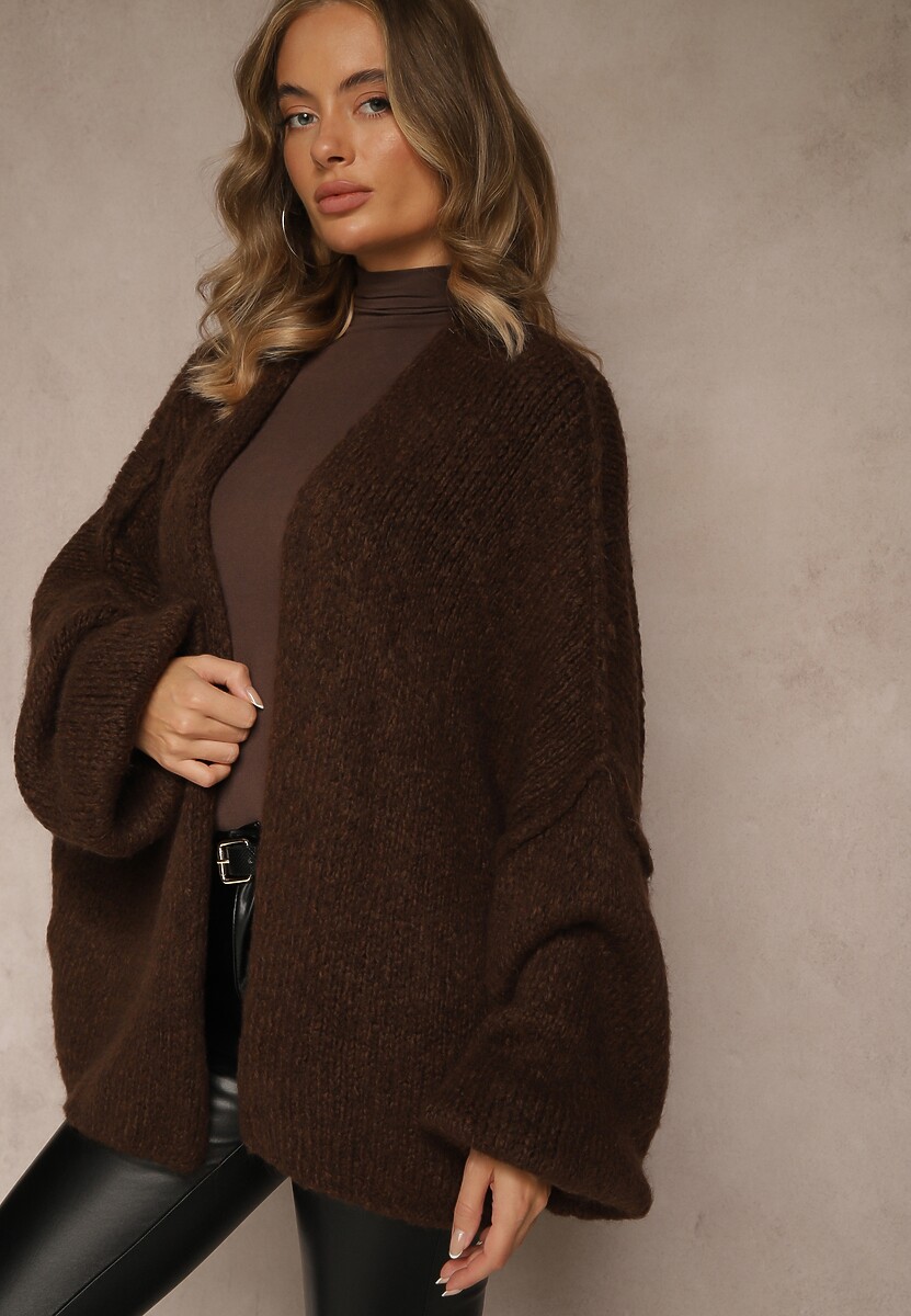 Brązowy Niezapinany Kardigan Nietoperzowy z Dodatkiem Wełny i Wiskozy Rallidia