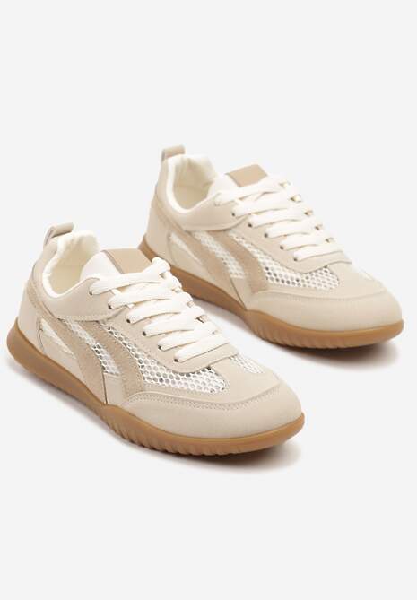 Ciemnobeżowe Sneakersy Tenisówki z Geometrycznym Motywem Amotheira