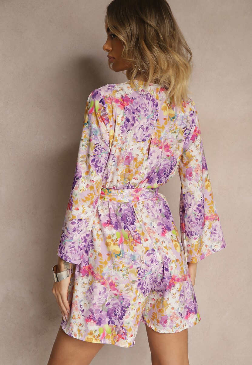 Fioletowy Kopertowy Kombinezon z Wiązanym Paskiem i Rozszerzanymi Rękawami Telurea