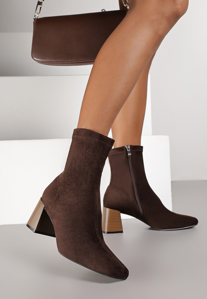 Brązowe Botki Vices na Stożku z Noskiem o Kwadratowym Kształcie Amiste