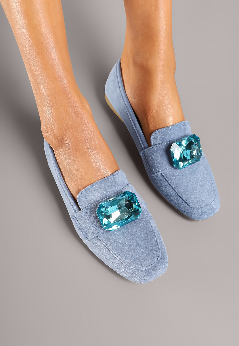 Niebieskie Mokasyny z Ekozamszu Zdobione Aplikacją z Dużą Cyrkonią Zidanira