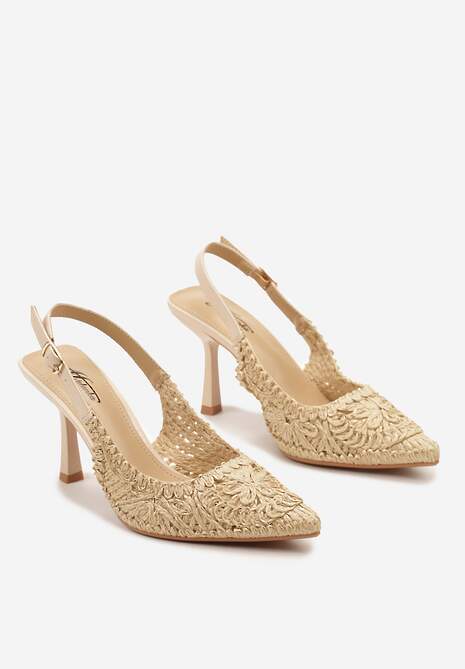 Beżowe Sandały na Szpilce Zapinane na Sprzączkę przy Kostce z Plecionką Mirava