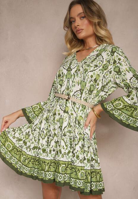 Zielona Sukienka z Wiskozą o Rozkloszowanym Kroju w Etniczny Print Aledia