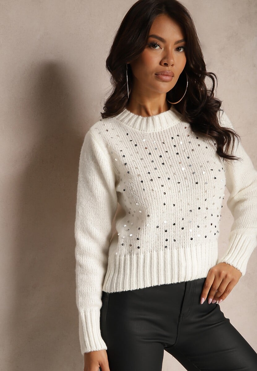 Jasnobeżowy Casualowy Sweter z Bawełną i Cekinami Savintha
