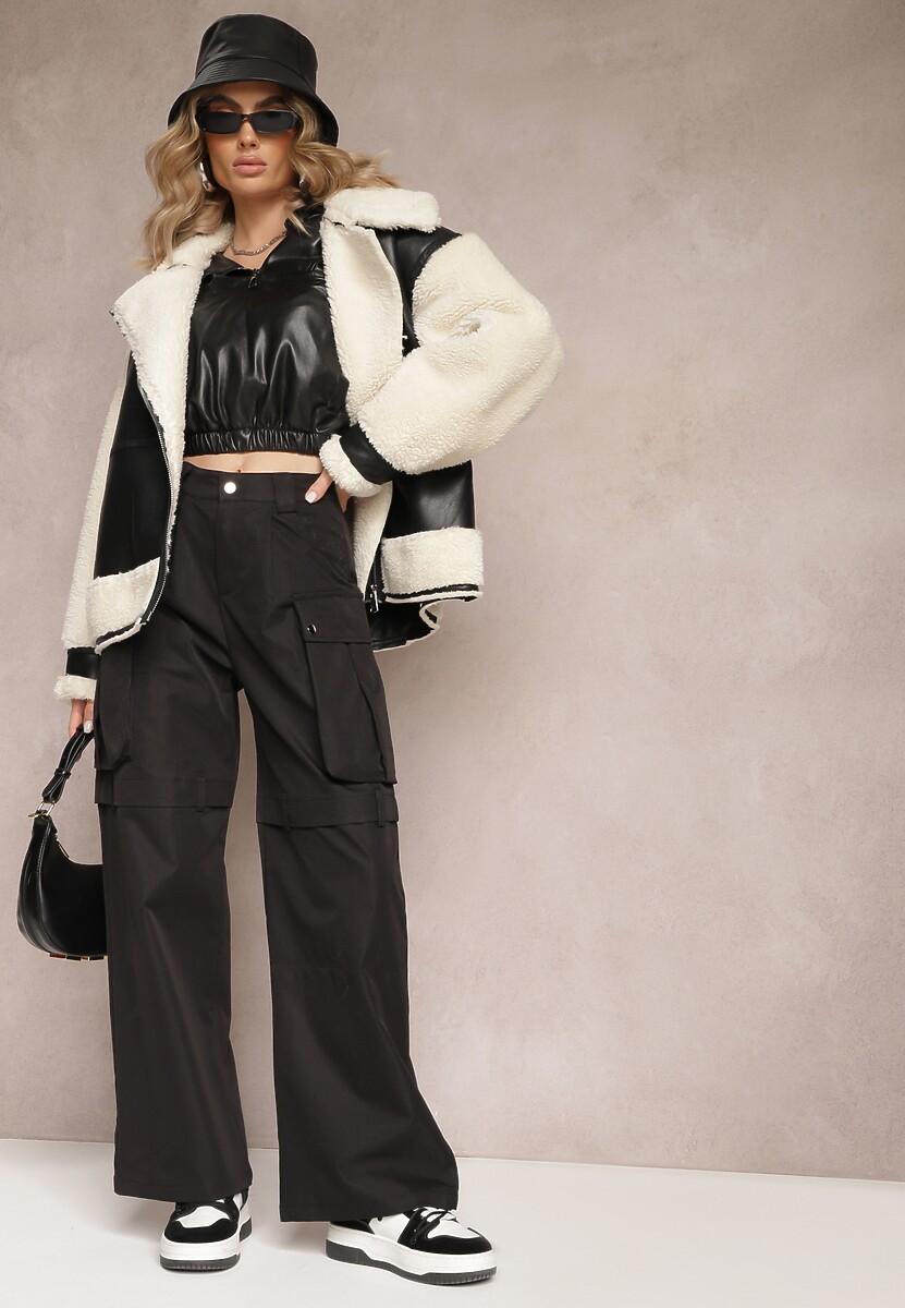 Czarne Szerokie Spodnie High Waist w Stylu Cargo Vomisal