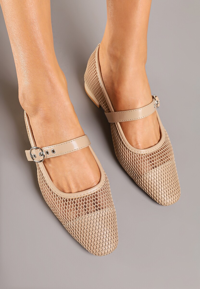 Ciemnobeżowe Czółenka w Stylu Balerinek na Niskim Słupku z Siateczki Zapinane na Pasek ze Sprzączką Elasiela