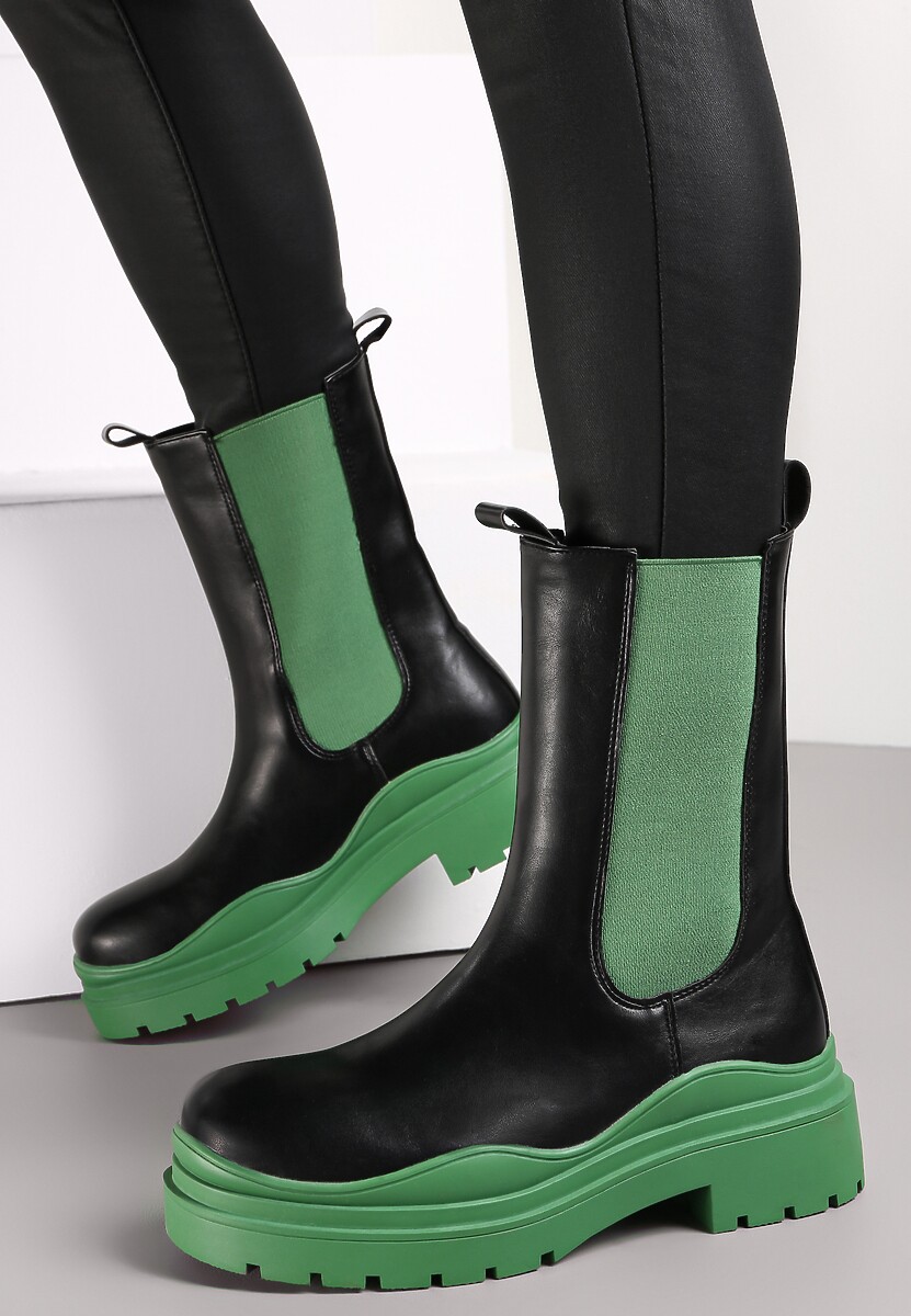 Czarno-Zielone Botki Sztyblety z Kolorowymi Wstawkami i Podeszwą Balke