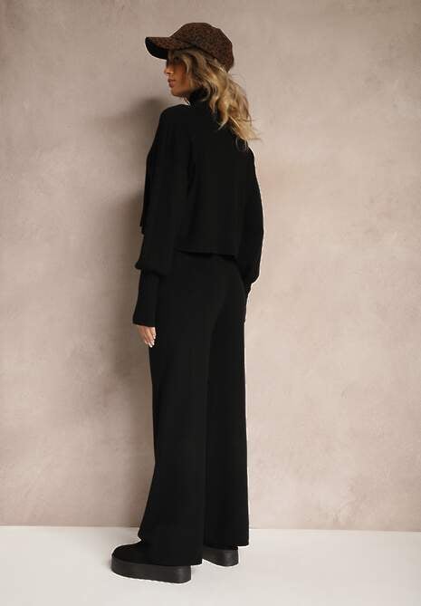 Czarny Komplet Dzianinowy z Wiskozą Spodnie o Szerokim Kroju Góra z Golfem Norathira