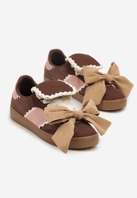 Brązowe Sneakersy Ozdobione Geometrycznym Wzorem i Kokardą Cedionna