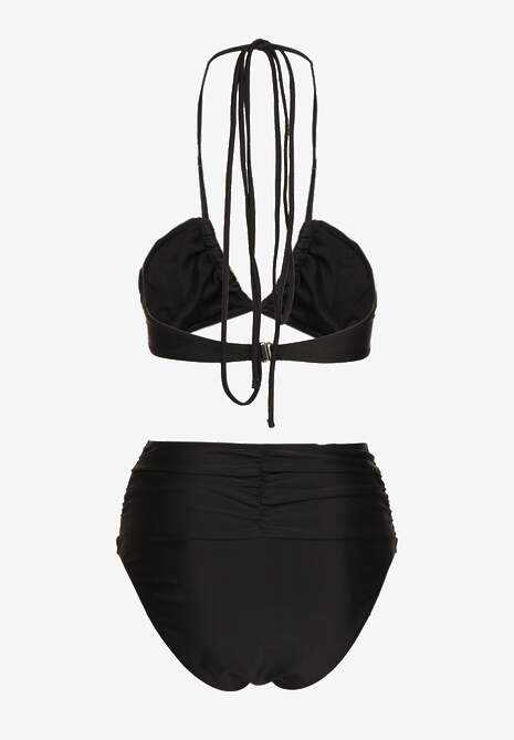 Czarne 2-Częściowe Bikini Stanik Zapinany przy Szyi z Wiązaniem Figi z Wysokim Stanem Nanselian