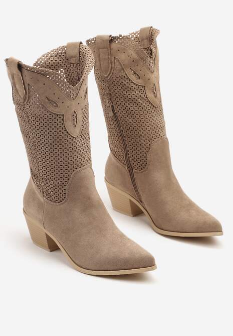 Ciemnobeżowe Botki Kowbojki na Słupku z Ażurową Cholewką Felmira