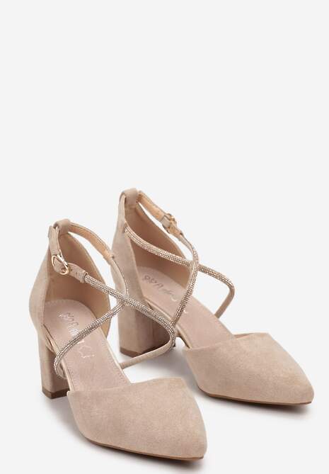 Jasnobeżowe Czółenka na Słupku z Paskami z Cyrkoniami i Szpiczastymi Noskami Jarise