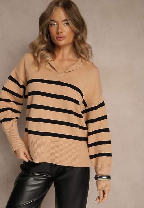 Beżowo-Czarny Sweter w Paski z Dekoltem w Serek z Kołnierzykiem Ralinavia