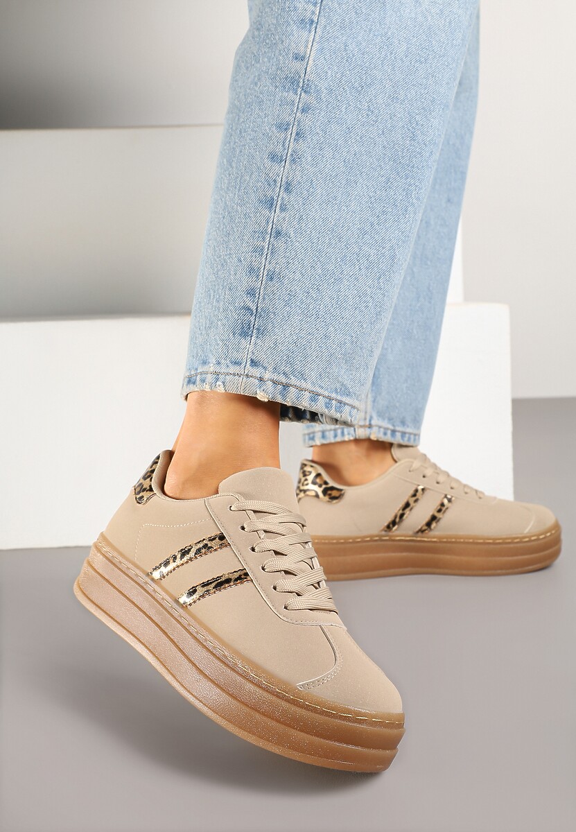 Ciemnobeżowe Sneakersy na Tłoczonej Platformie Ozdobione Paskami Felainora