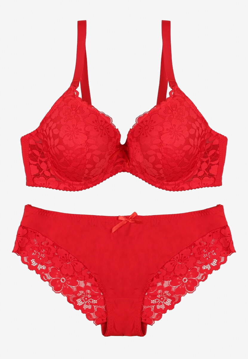 Czerwony Koronkowy Komplet Biustonosz i Majtki Figi w Klasycznym Stylu Ezirene