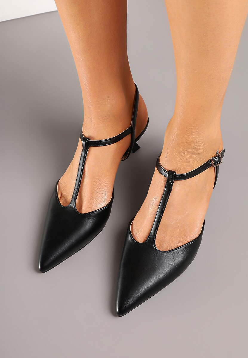 Czarne Czółenka na Obcasie Kaczuszce Ozdobione Paskami Peselle