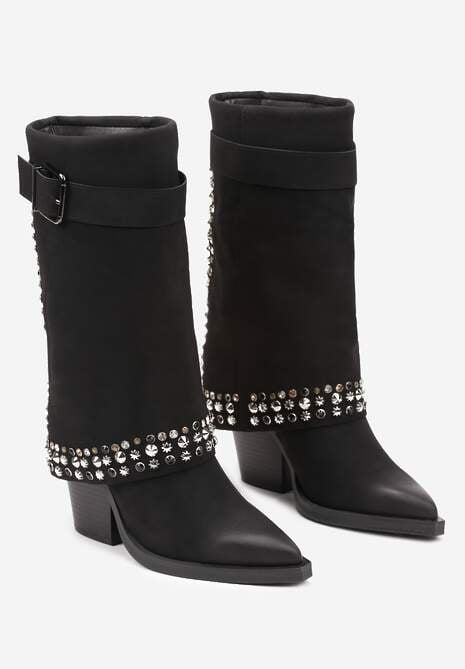 Czarne Botki z Cholewką Imitującą Nogawkę Ozdobione Ćwiekami i Klamrą Verivelle