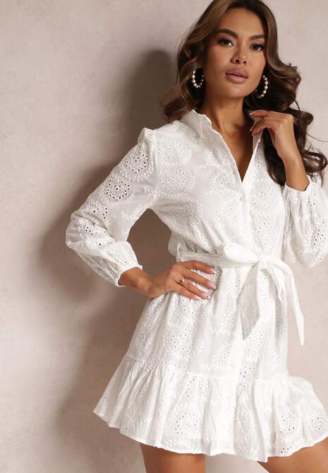 Biała Bawełniana Sukienka Ozdobiona Haftem Koszulowa Baucia