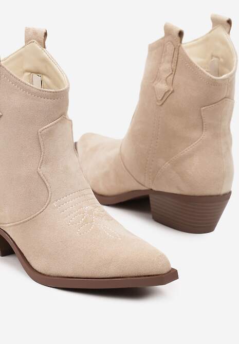 Beżowe Botki na Słupku w Stylu Kowbojek Zapinane na Suwak Evirene