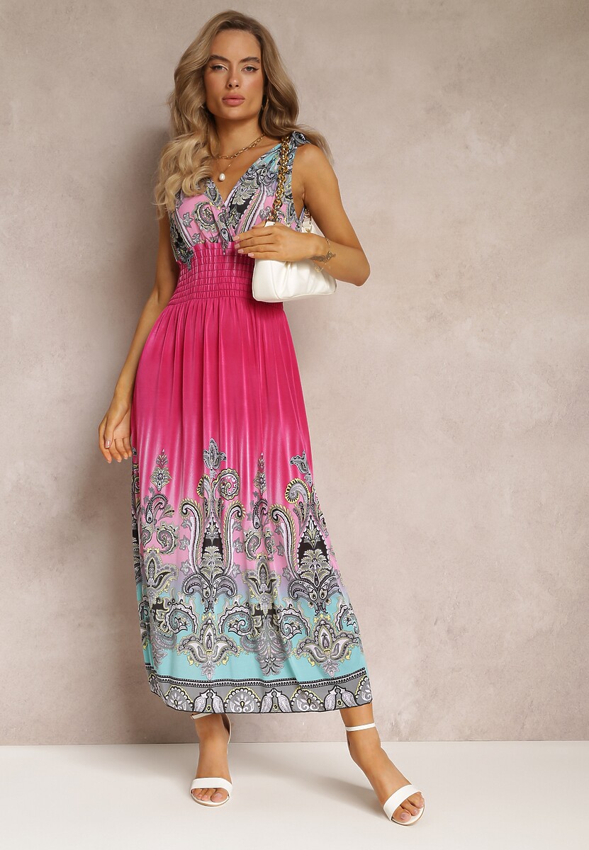 Ciemnoróżowa Rozkloszowana Sukienka z Gumką w Talii i Sznurkami na Ramiączkach Railia