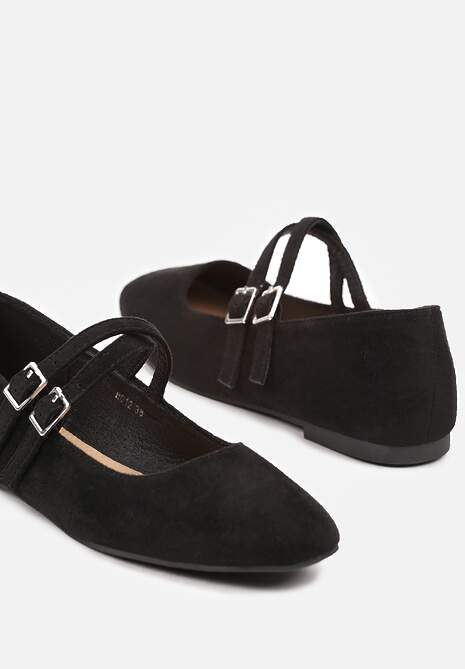 Czarne Balerinki o Kwadratowym Nosku z Paskami i Eleganckimi Klamerkami Nailan