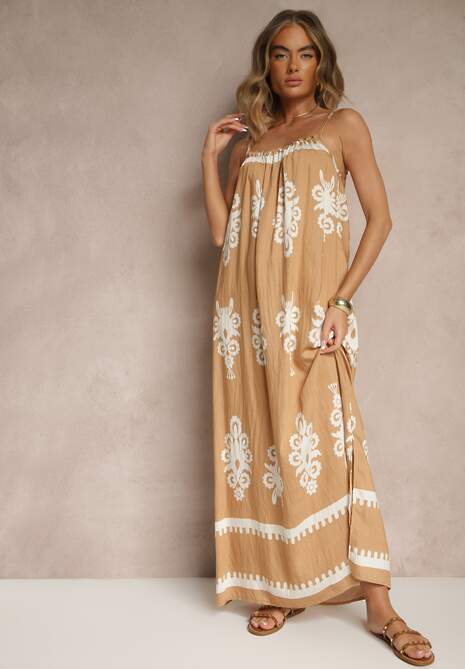 Jasnobrązowa Rozkloszowana Sukienka na Ramiączkach w Ornamentalny Print Reveleine