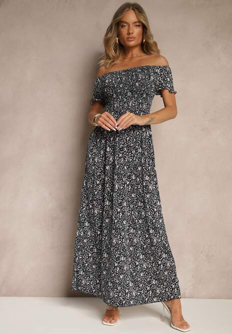 Granatowa Kwiatowa Sukienka z Bufiastymi Rękawami Lumorelle