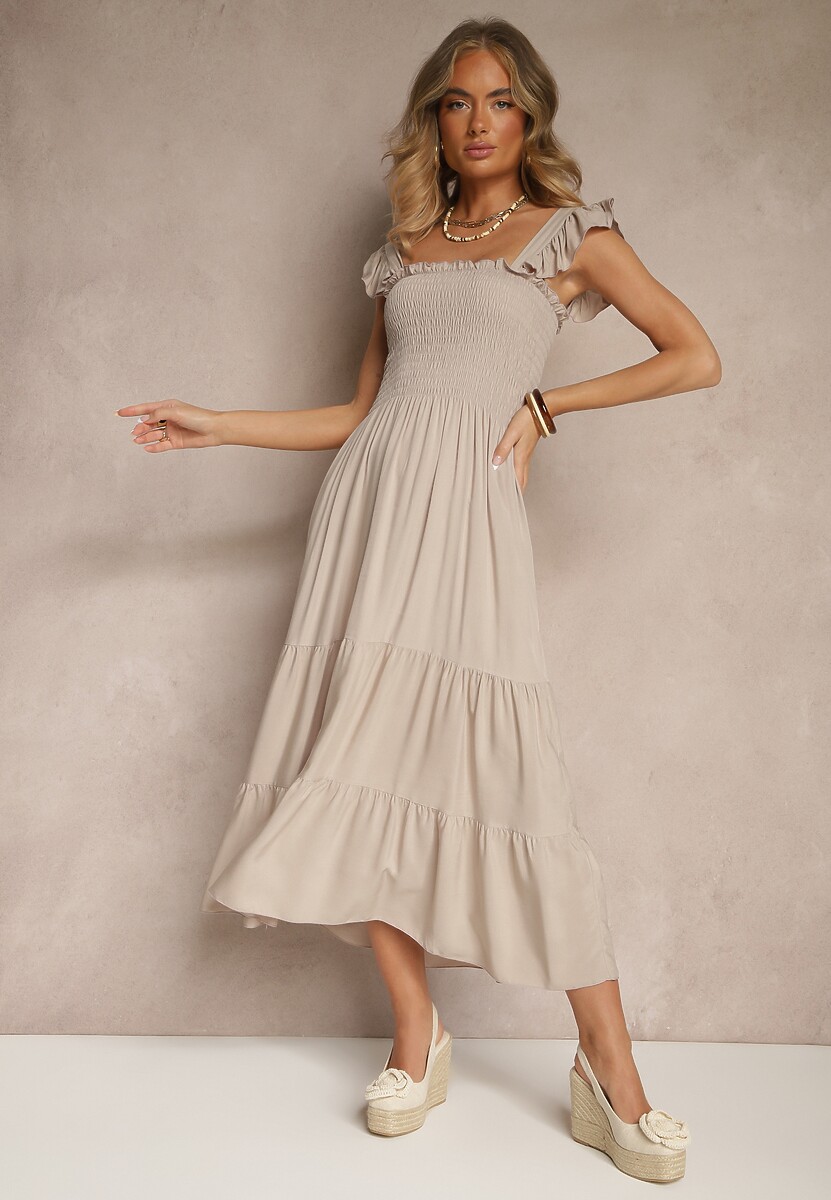 Beżowa Sukienka z Bawełny na Ramiączkach Ozdobiona Falbanami i Gumkami Mevalys