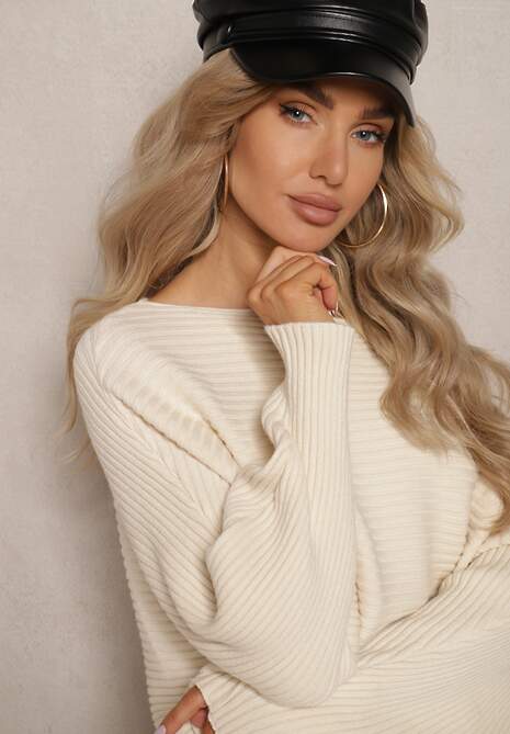 Beżowy Komplet z Wiskozą w Prążki Spódnica z Gumką w Pasie i Góra o Kroju Nietoperza Korttisa