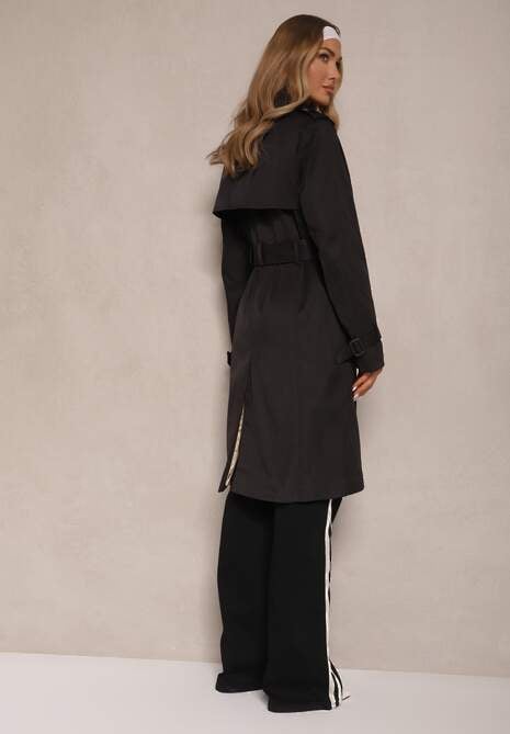 Czarny Płaszcz Dwurzędowy Trencz z Wiskozą Ozdobiony Napisem i Paskiem Janisella