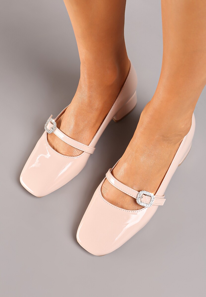 Beżowe Lakierowane Czółenka z Paseczkiem i Klamerką z Cyrkoniami Ettavella