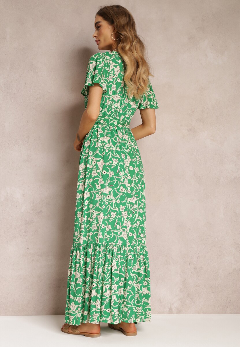 Zielona Długa Sukienka w Kwiaty z Gumką w Talii z Wiskozy Lydiza